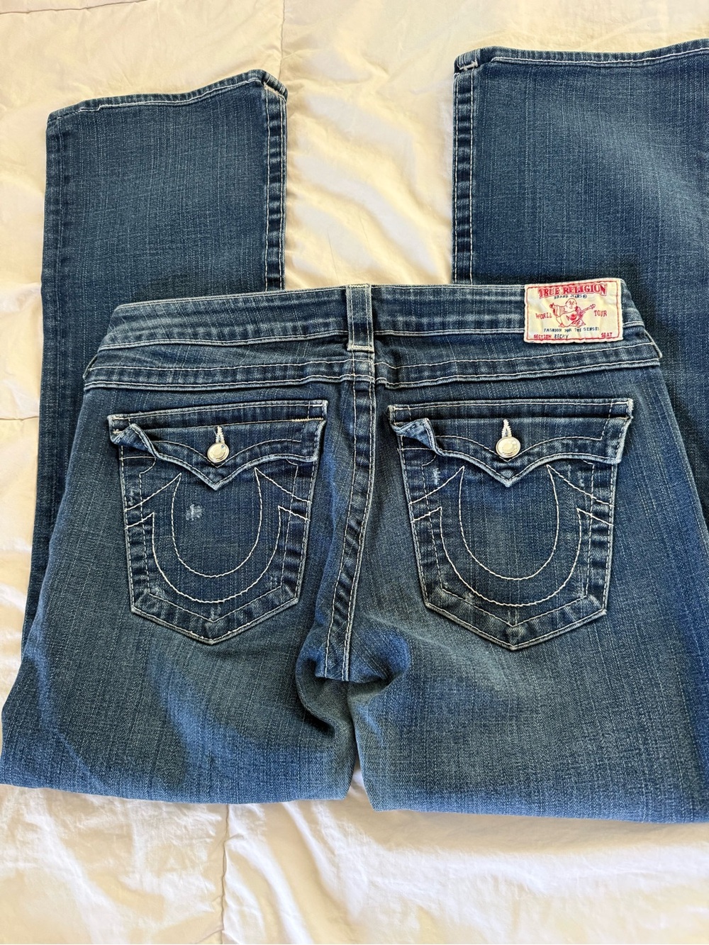 True Religion Women's Medium Blue Bootcut Jeans with Signature Pocket Stitching